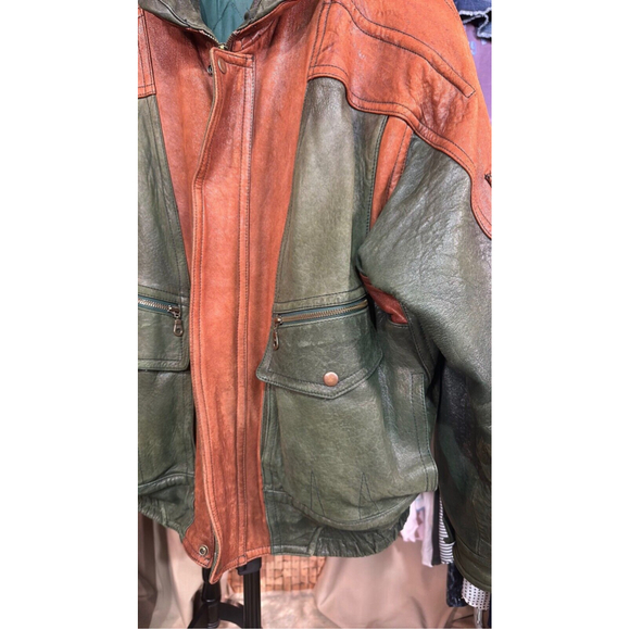 Vintage 80s Modango Brown & Green Leather Bomber Jacket w Shoulder Pads Size XL - Picture 16 of 17